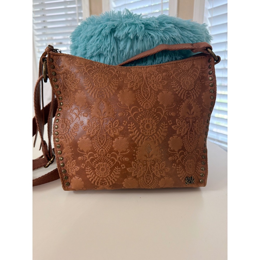 The Sak Cognac Brown Leather Embossed Floral Studded Crossbody Bag Handbag Boho